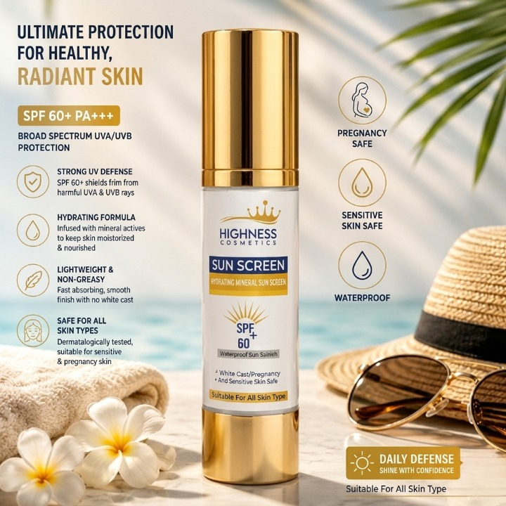 Highness Cosmetics Hydrating Mineral Sunscreen SPF 60 Plus PA Triple Premium Royal Shield 100ml