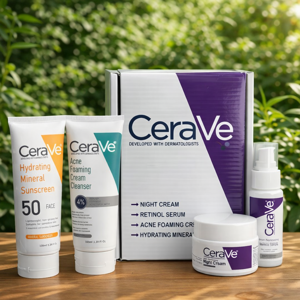 CeraVe Complete Acne & Anti-Aging Set — Cleanser, Retinol Serum, Night Cream & SPF 50 Sunscreen.