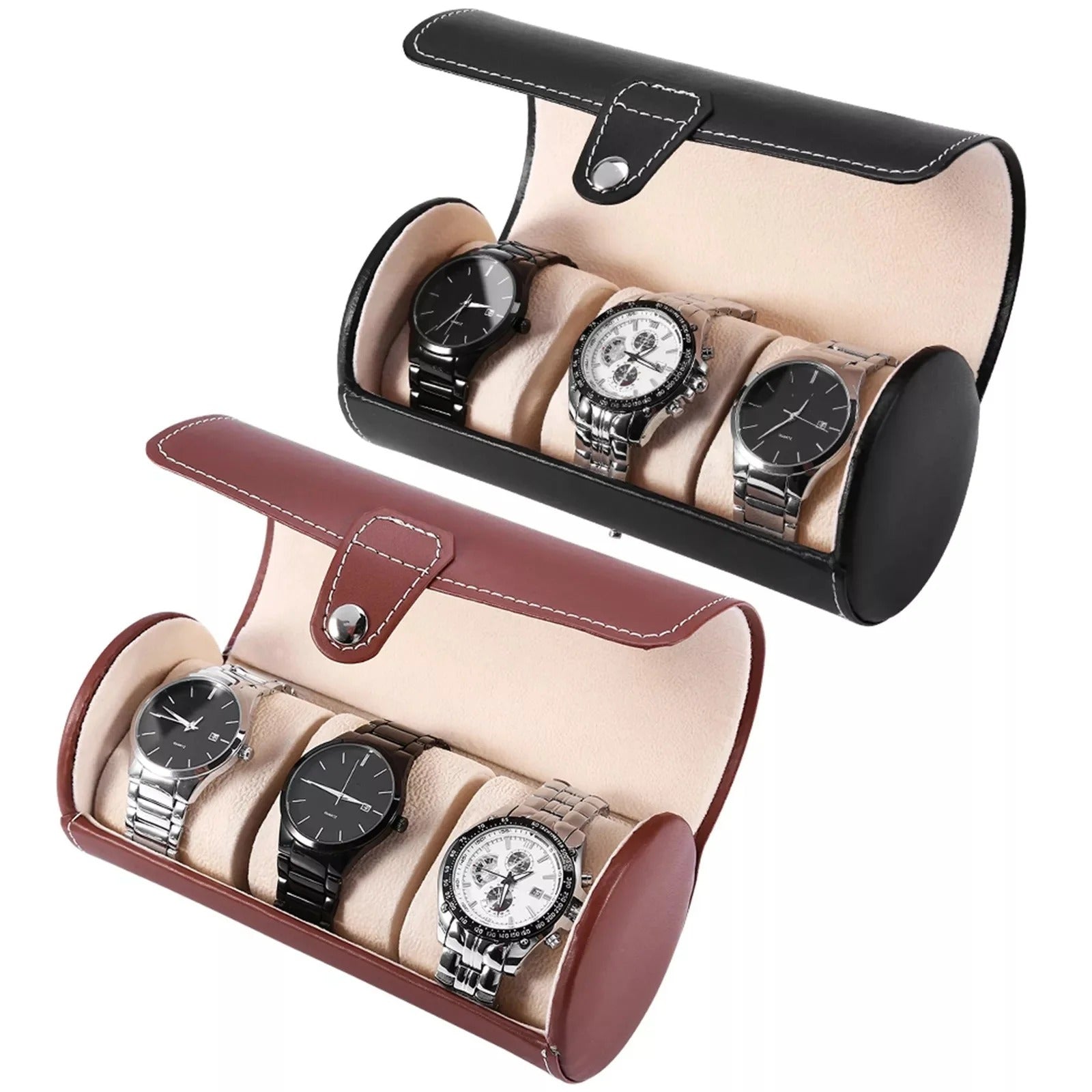 3-Slot Travel Watch & Bracelet Organizer – Portable PU Roll Case (Random Color)