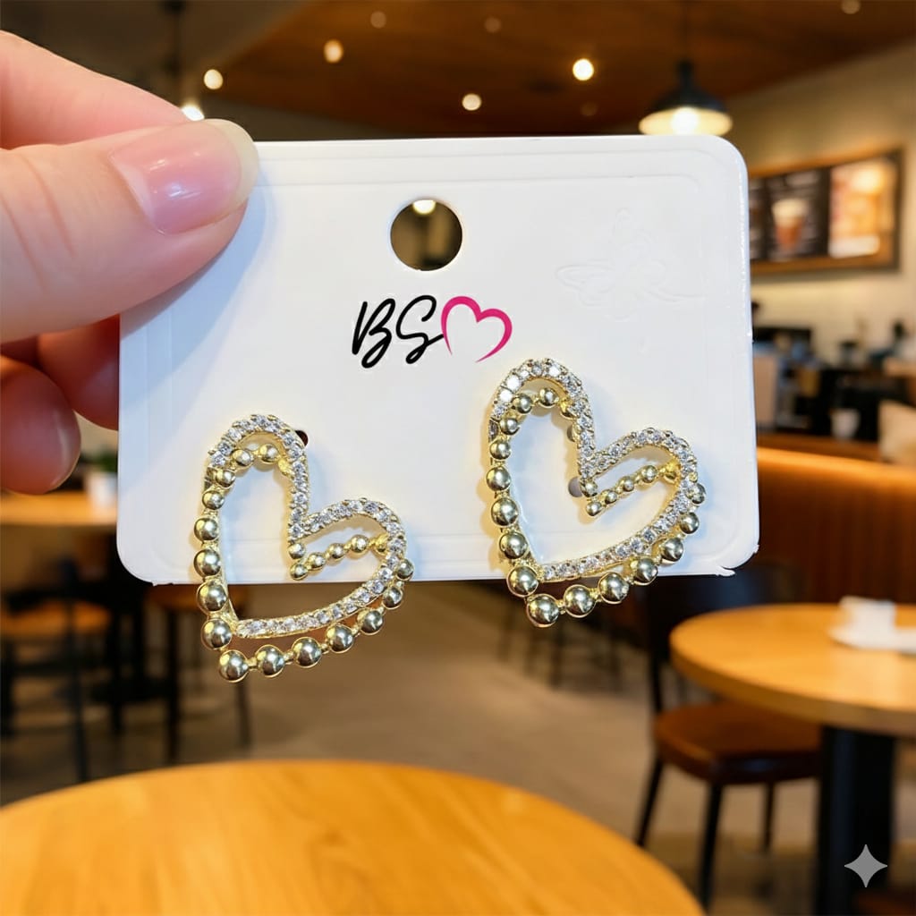 ZJE-164 Heart Shape Double Korean Earrings- Golden/Silver