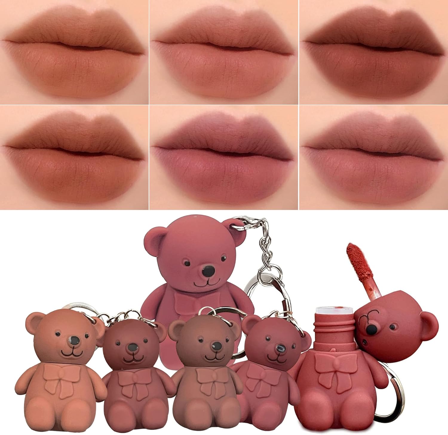 6-Piece Cute Bear Keychain Liquid Lipstick Set