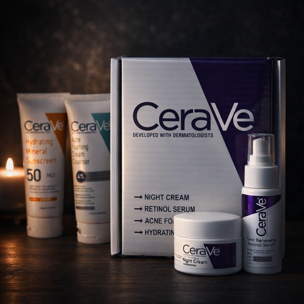 CeraVe Complete Acne & Anti-Aging Set — Cleanser, Retinol Serum, Night Cream & SPF 50 Sunscreen.