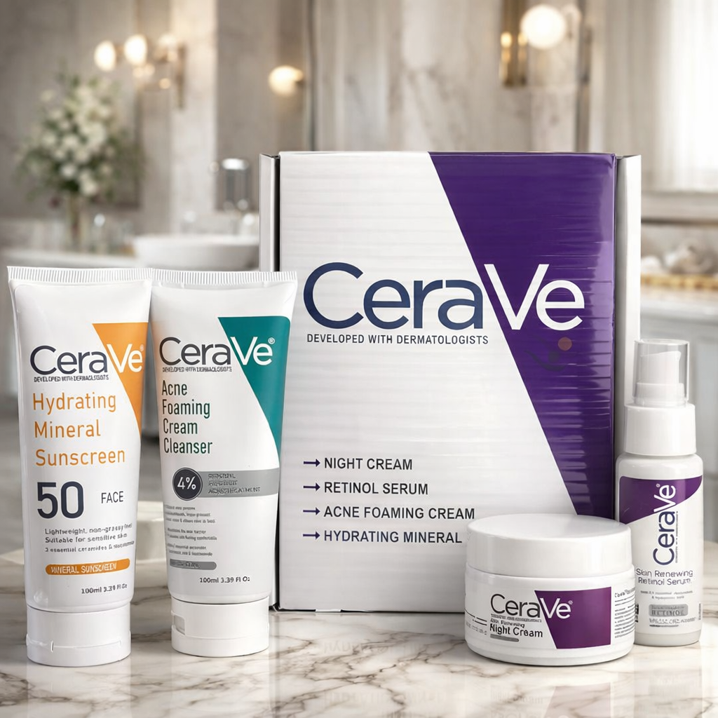 CeraVe Complete Acne & Anti-Aging Set — Cleanser, Retinol Serum, Night Cream & SPF 50 Sunscreen.