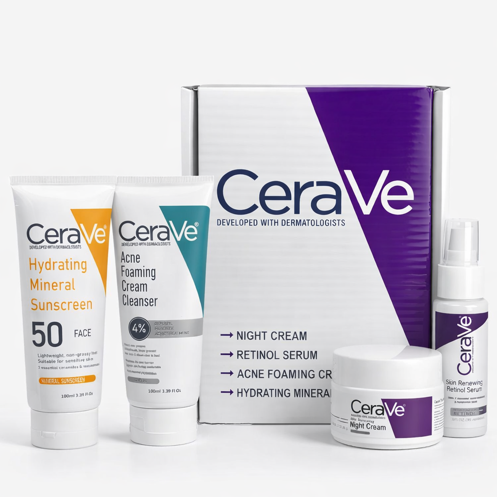 CeraVe Complete Acne & Anti-Aging Set — Cleanser, Retinol Serum, Night Cream & SPF 50 Sunscreen.