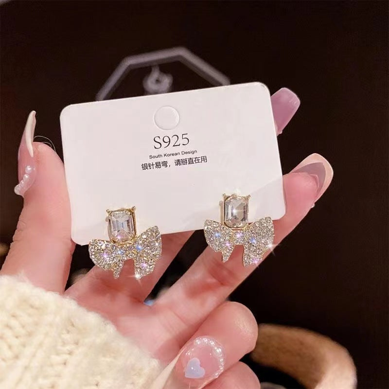 ZJE-165 Sparkling Bow Shape Zircon Korean Earrings- Golden/Silver