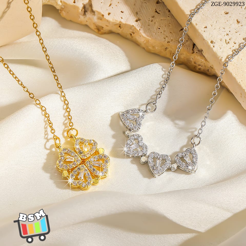 ZGE-923 Korean Magnetic 4 Leaf Clover Pendant Necklace- Golden/Silver