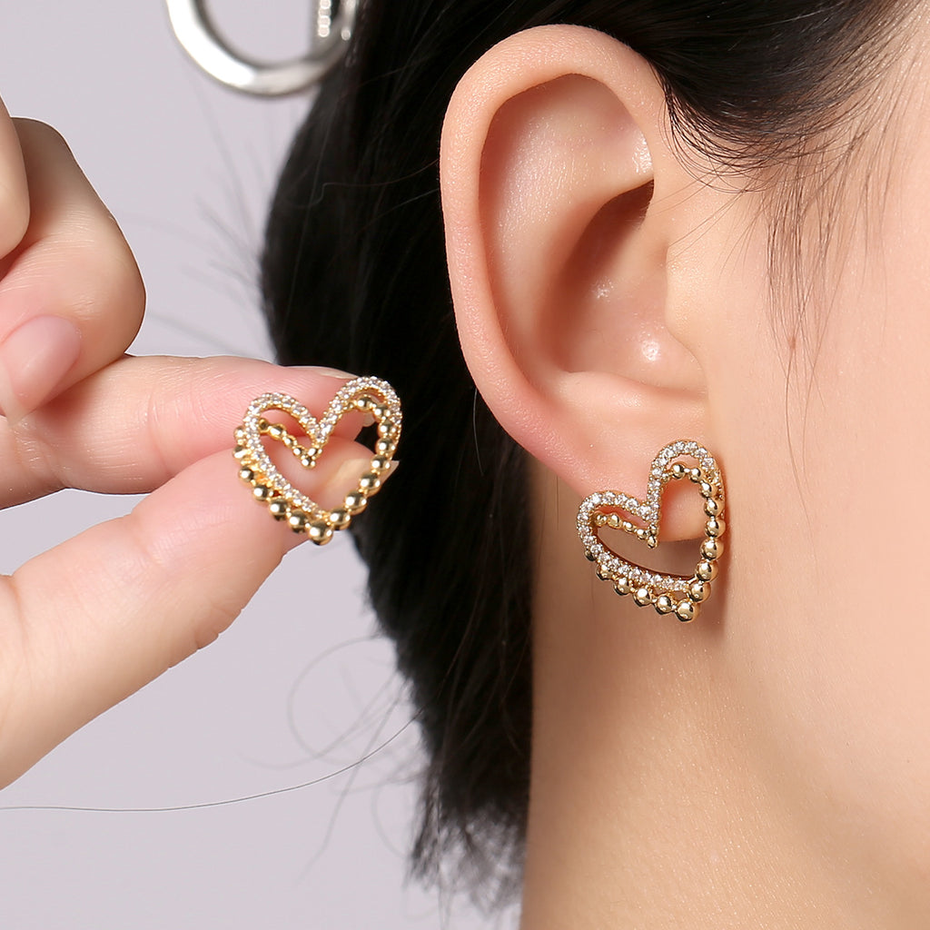 ZJE-164 Heart Shape Double Korean Earrings- Golden/Silver