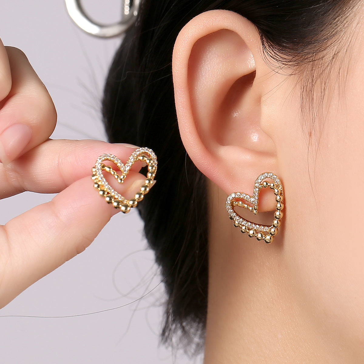 ZJE-164 Heart Shape Double Korean Earrings- Golden/Silver