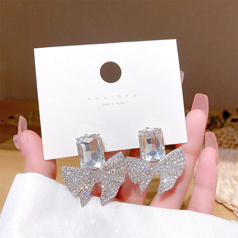 ZJE-165 Sparkling Bow Shape Zircon Korean Earrings- Golden/Silver